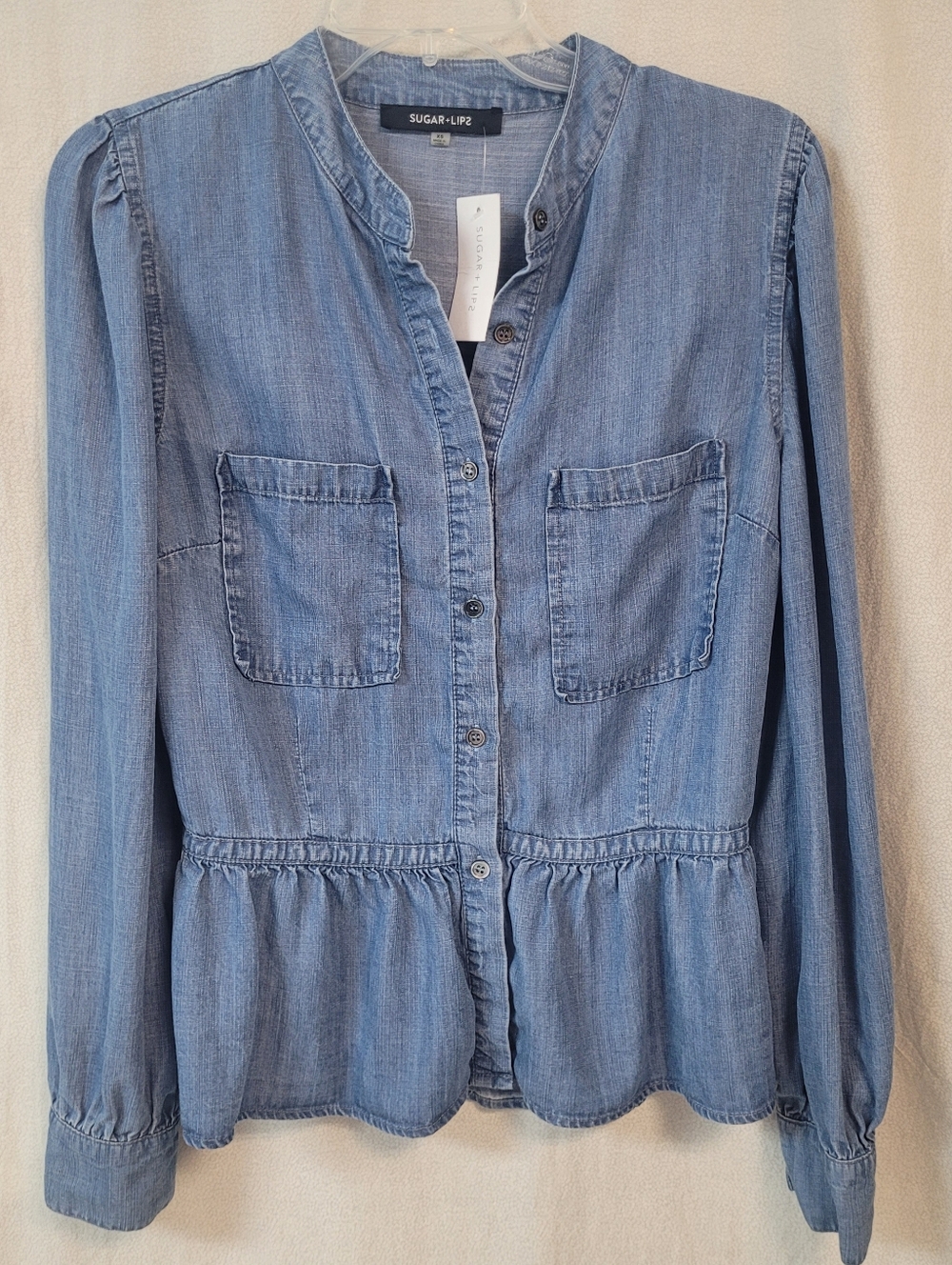 New! Light Blue Denim Button-Front Top, Ruffle Bottom Peplum Flowy Denim, XS
